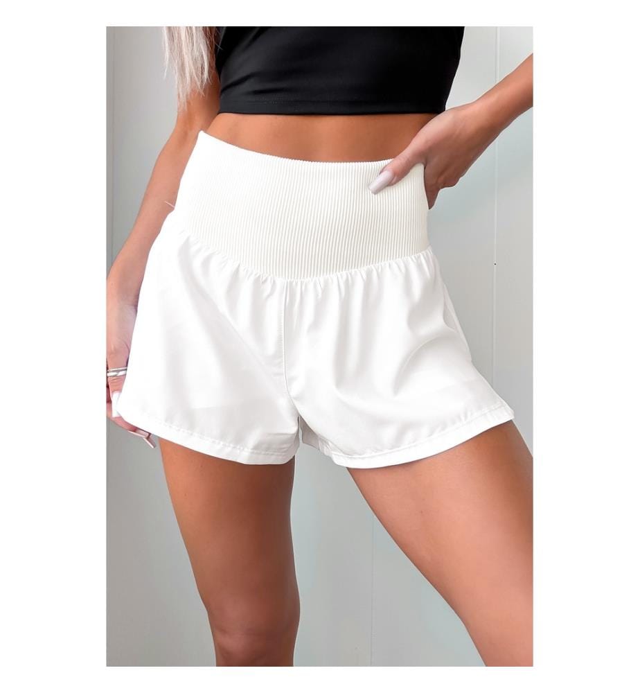 Short de sport taille haute blanc uni côtelé et patchwork