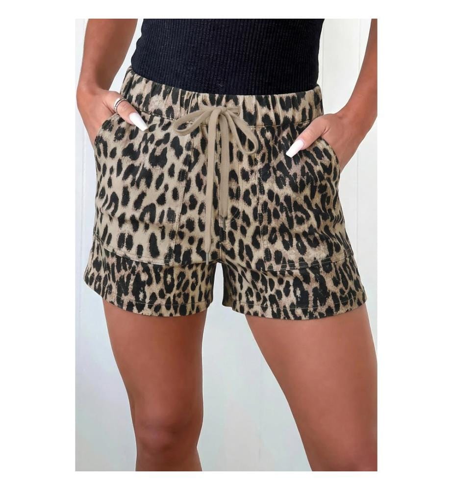Short en jean marron à imprimé léopard rétro, taille mi-haute, laçage élastique, taille élastique.