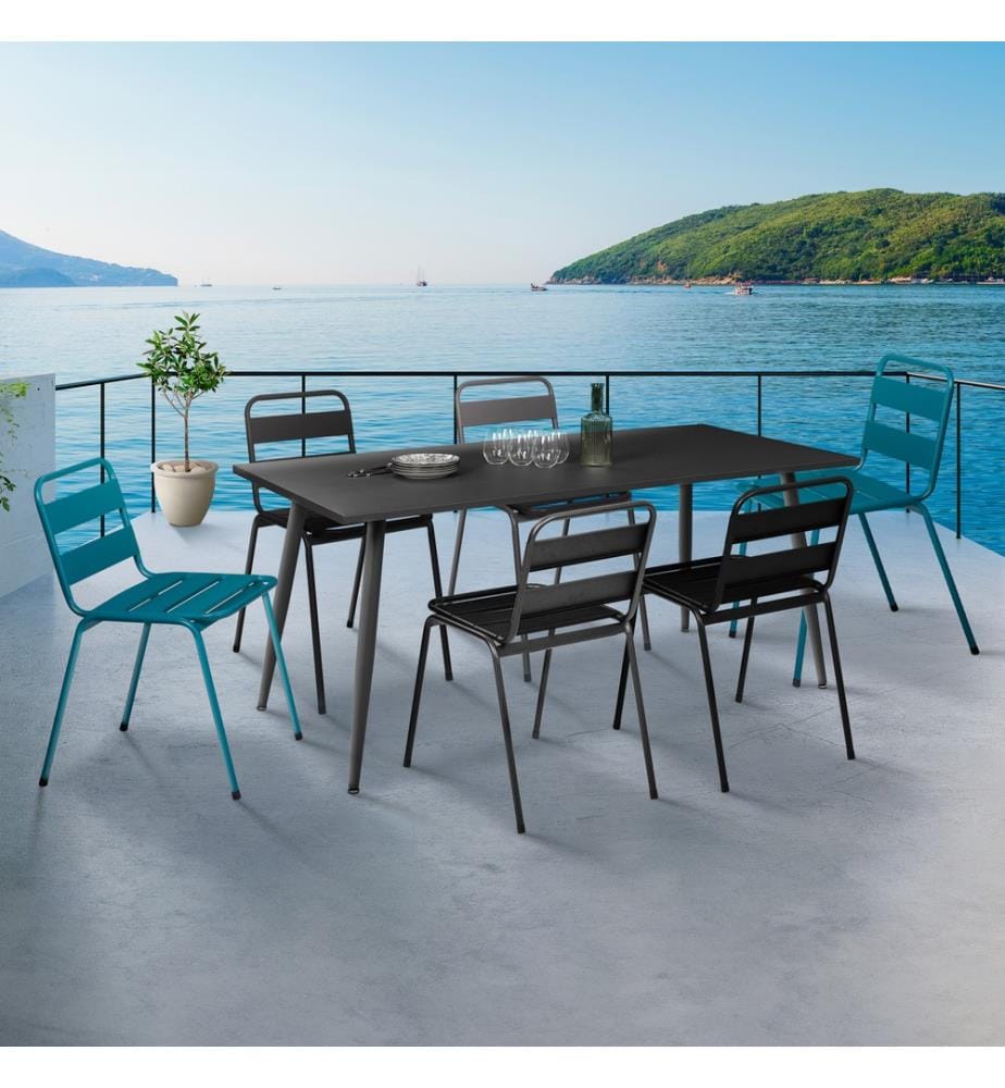 6er-Set stapelbare Gartenstühle aus Stahl - Grau und Blau