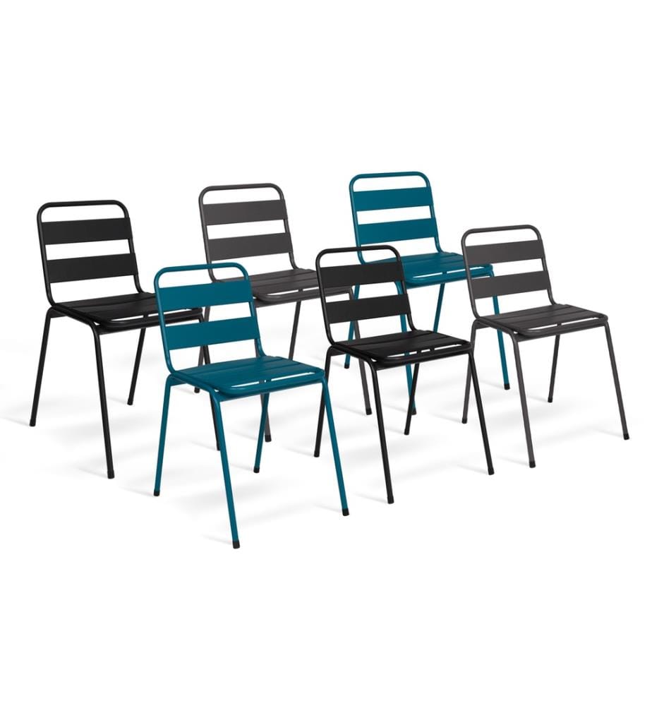 6er-Set stapelbare Gartenstühle aus Stahl - Grau und Blau