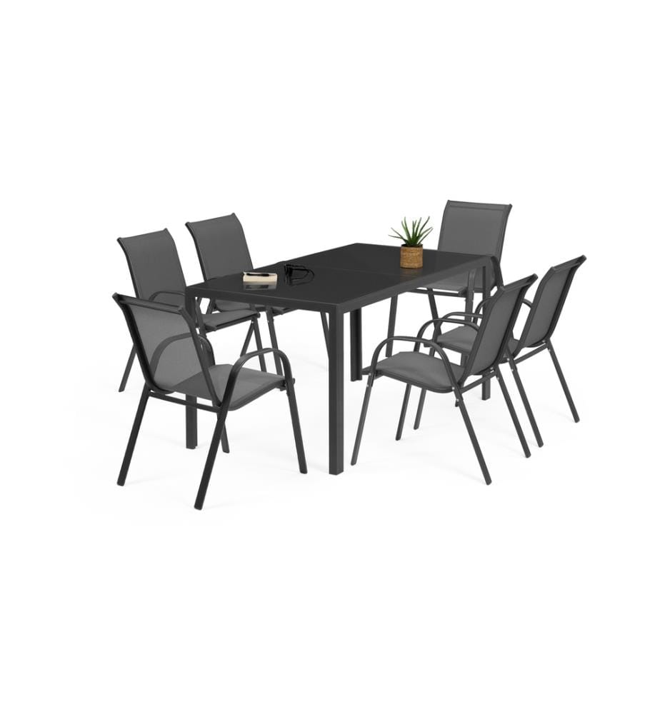 Gartenmöbel aus Textilleder und gehärtetem Glas für 6 Personen Minorca - Schwarz und Silber