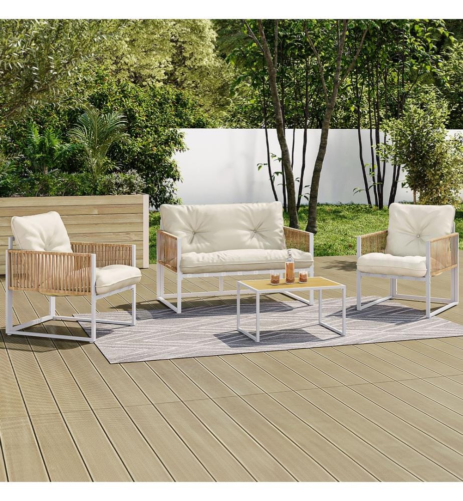 Gartenmöbel Ozéa 4-Sitzer aus Metall - Weiss und Hellbraun