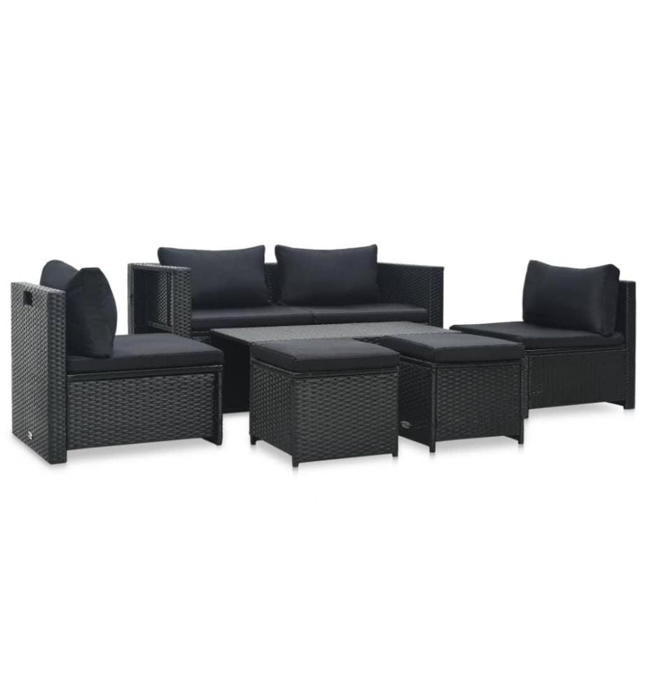 6-tlg. Garten-Lounge-Set mit Auflagen Poly Rattan Schwarz