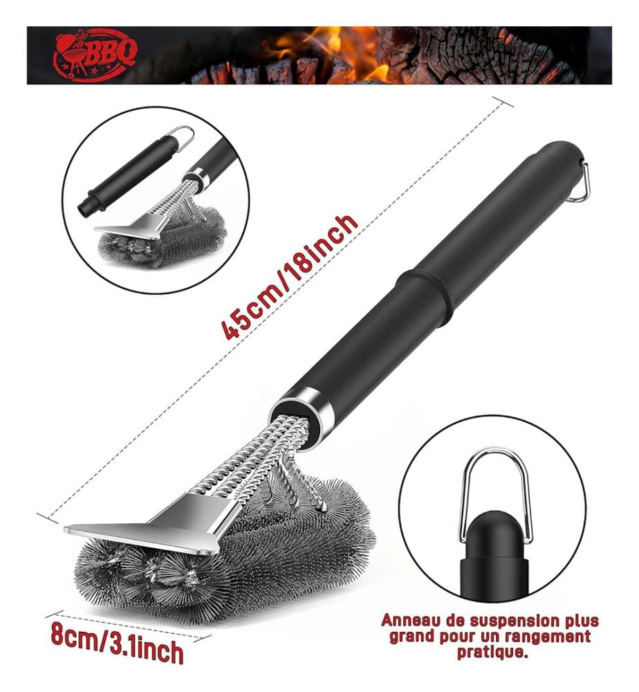 3 in 1 BBQ-Bürste mit langem Griff, Reinigungsbürste und Schaber, Edelstahl BBQ-Tools, Grillzubehör, 360° saubere Grillgeräte, Küche, Geschirr - Schwarz