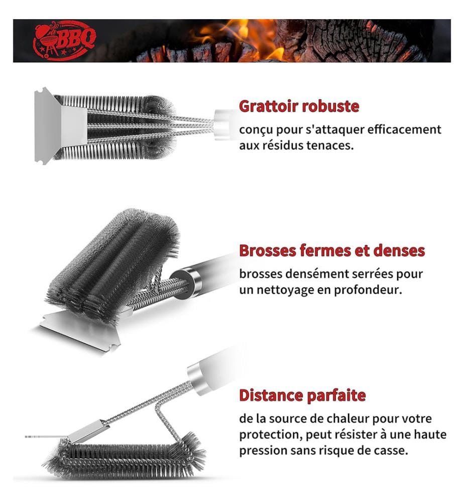 3 in 1 BBQ-Bürste mit langem Griff, Reinigungsbürste und Schaber, Edelstahl BBQ-Tools, Grillzubehör, 360° saubere Grillgeräte, Küche, Geschirr - Schwarz