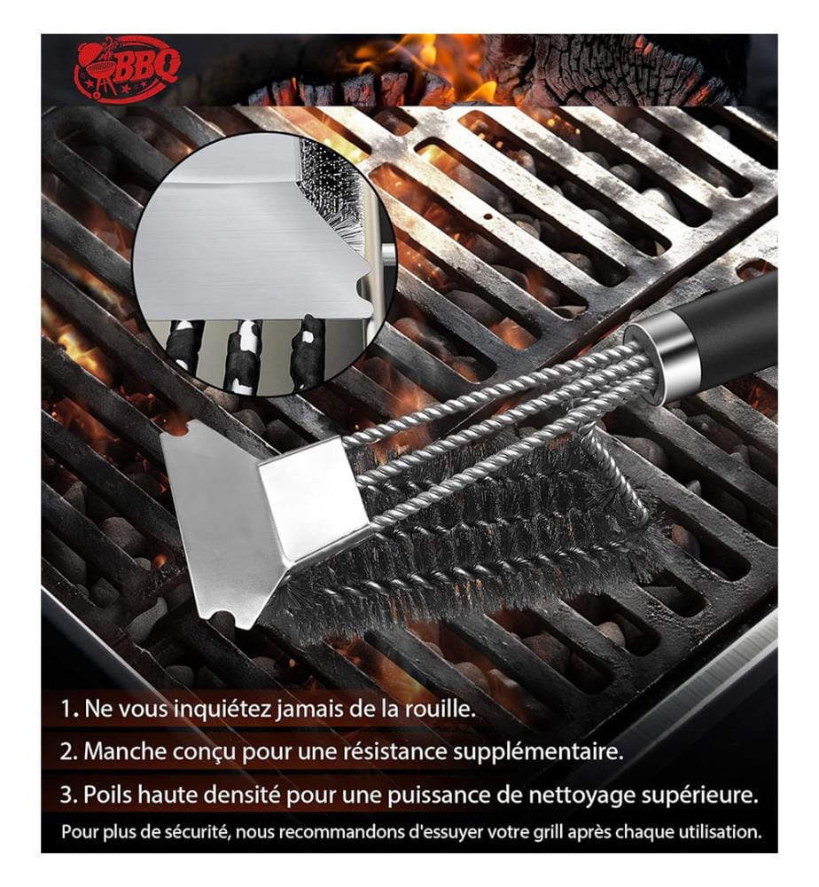 3 in 1 BBQ-Bürste mit langem Griff, Reinigungsbürste und Schaber, Edelstahl BBQ-Tools, Grillzubehör, 360° saubere Grillgeräte, Küche, Geschirr - Schwarz