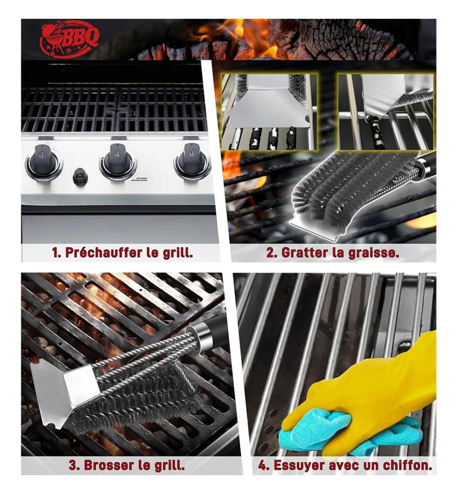 3 in 1 BBQ-Bürste mit langem Griff, Reinigungsbürste und Schaber, Edelstahl BBQ-Tools, Grillzubehör, 360° saubere Grillgeräte, Küche, Geschirr - Schwarz