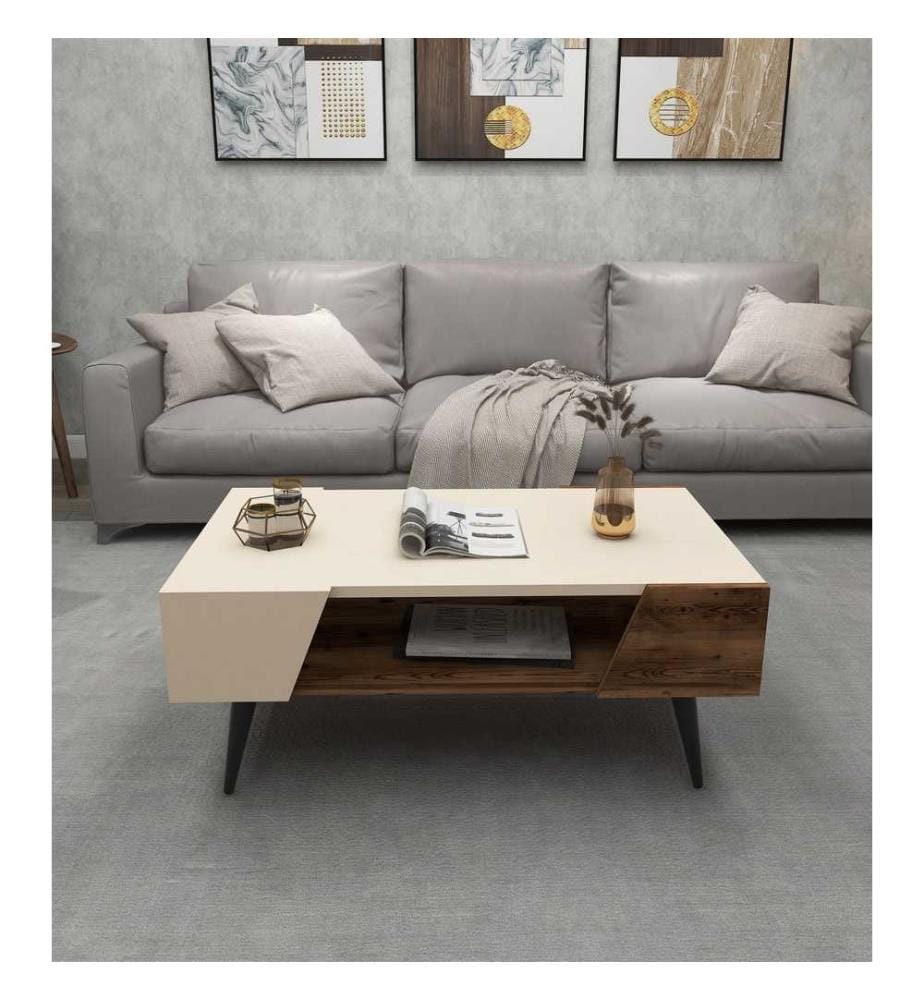 Couchtisch – Beige und helles Nussbaumholz