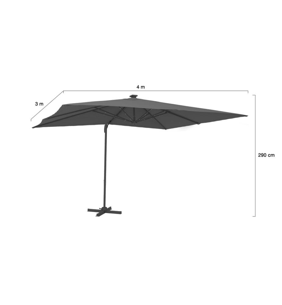 Sonnenschirm Sombra 360° rechteckig 4x3m grau + Hülle und LED-Beleuchtung
