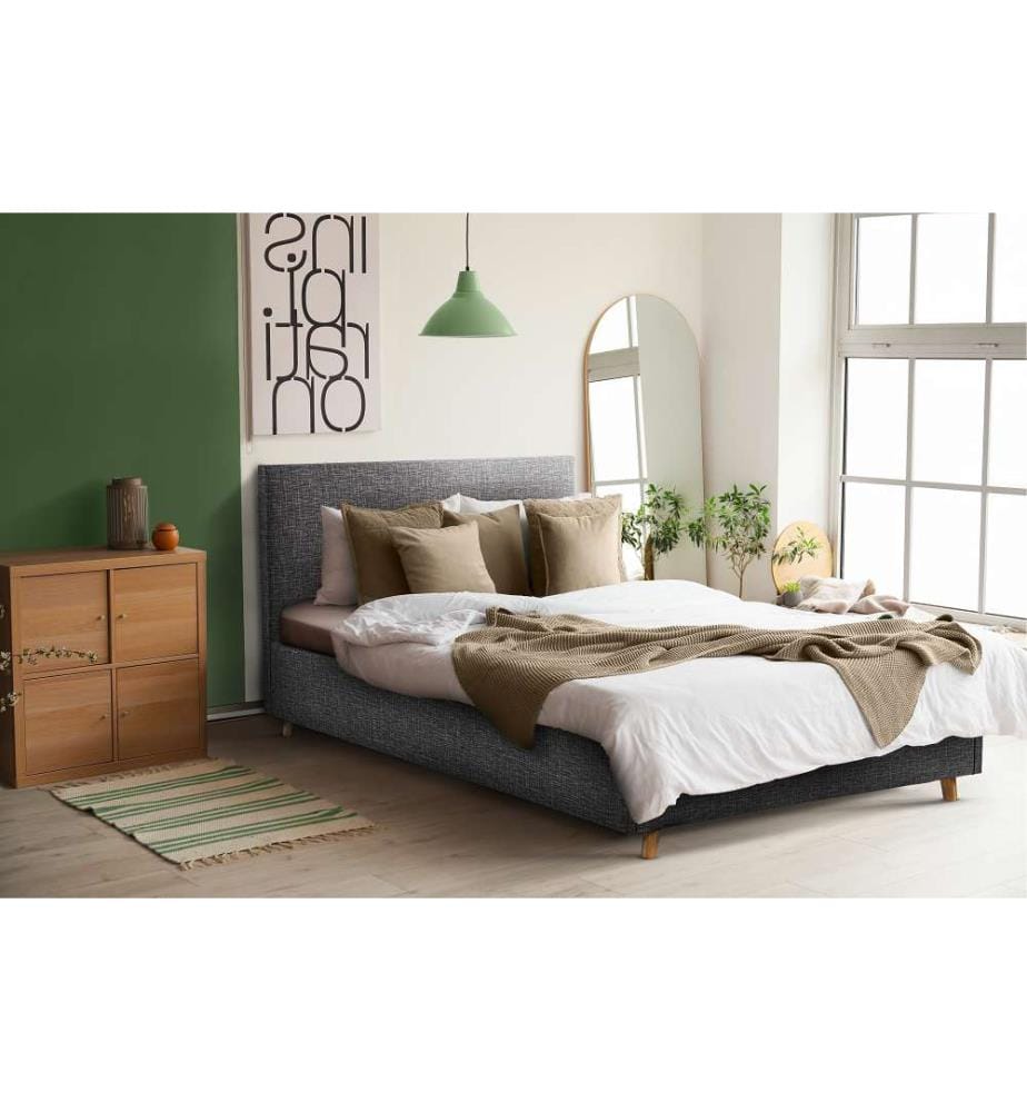Letto matrimoniale Luléa 140x190cm con rete in tessuto e testiera imbottita - Grigio