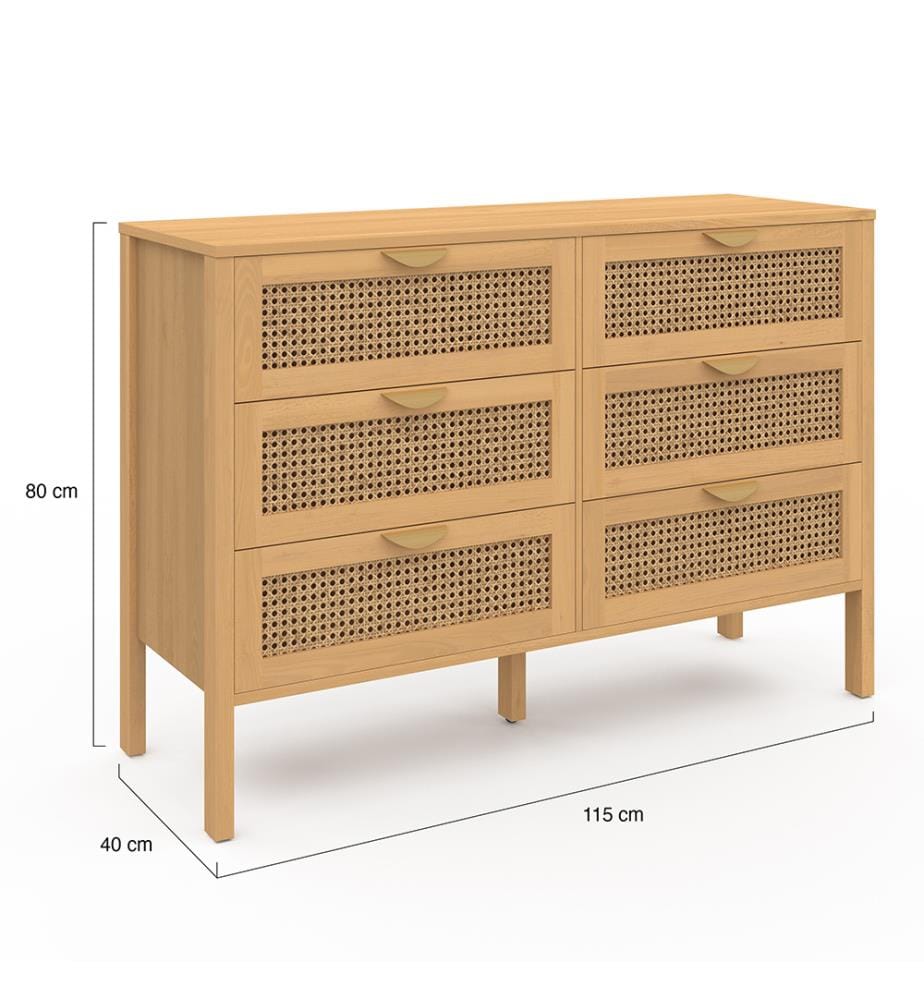 Commode Eve 6 tiroirs en cannage - Brun