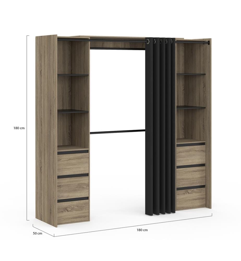 Dressing Justine extensible 120-180cm effet bois 6 tiroirs double colonne