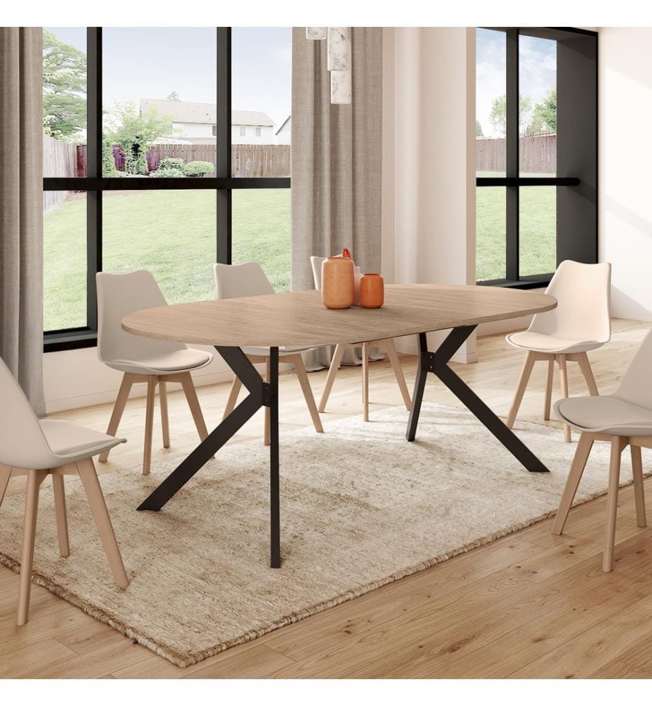 Table repas extensible Spider 110-200cm plateau rond bois - Brun et Noir