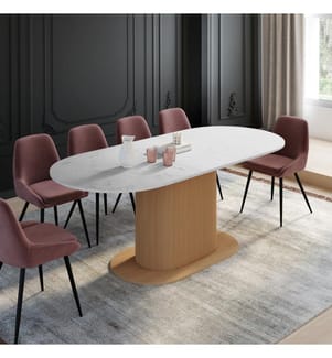 Table à manger arrondie extensible Maria effet marbre blanc et pied lattes Ø160-200cm