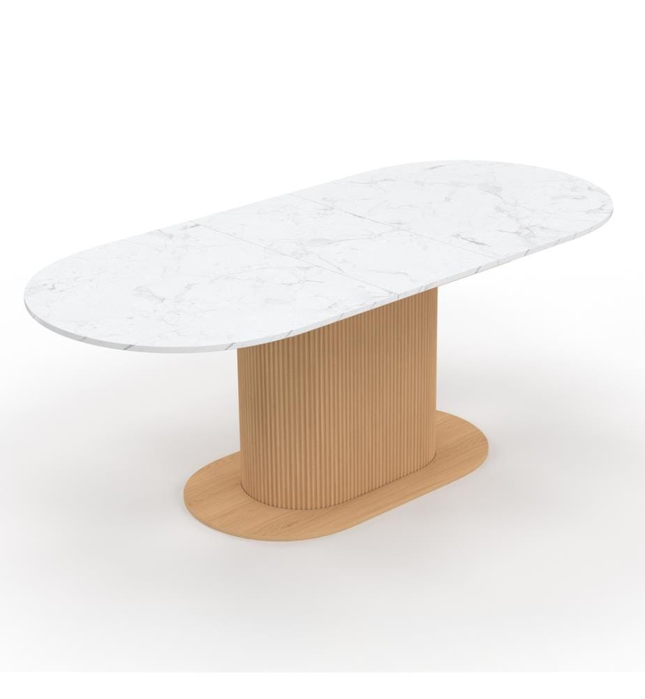 Table à manger arrondie extensible Maria effet marbre blanc et pied lattes Ø160-200cm