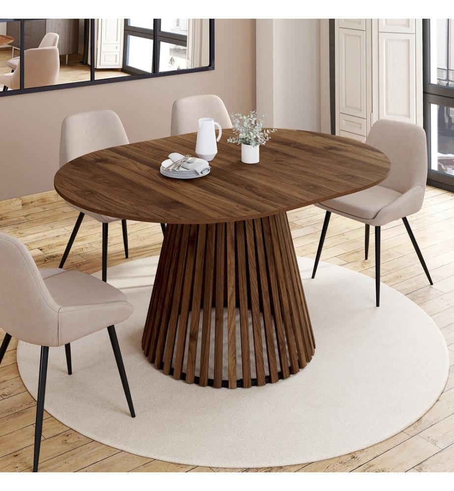 Table à manger ronde extensible Camélia effet noyer et pied lattes Ø110-150cm