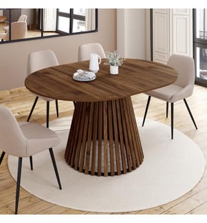 Table à manger ronde extensible Camélia effet noyer et pied lattes Ø110-150cm