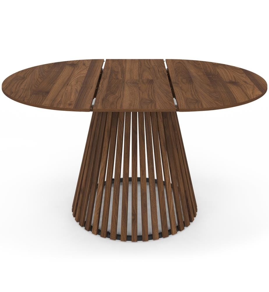 Table à manger ronde extensible Camélia effet noyer et pied lattes Ø110-150cm