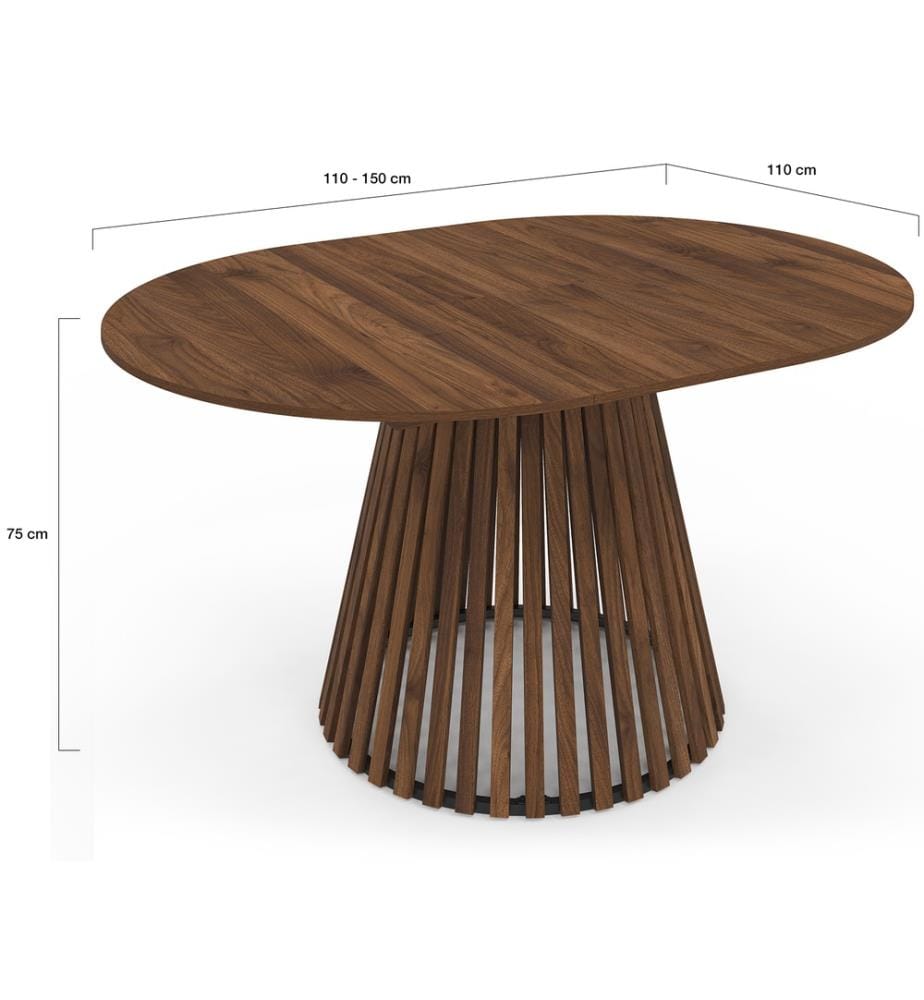 Table à manger ronde extensible Camélia effet noyer et pied lattes Ø110-150cm