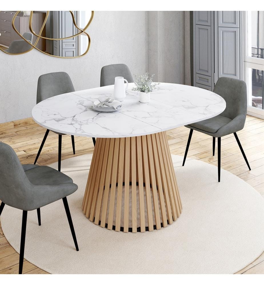 Table à manger ronde extensible Camélia effet marbre blanc et pied lattes Ø110-150cm