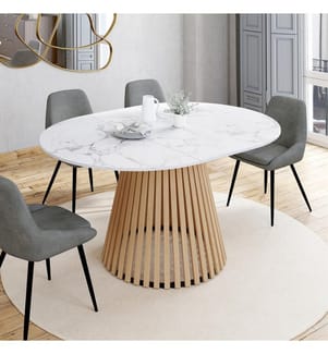 Table à manger ronde extensible Camélia effet marbre blanc et pied lattes Ø110-150cm