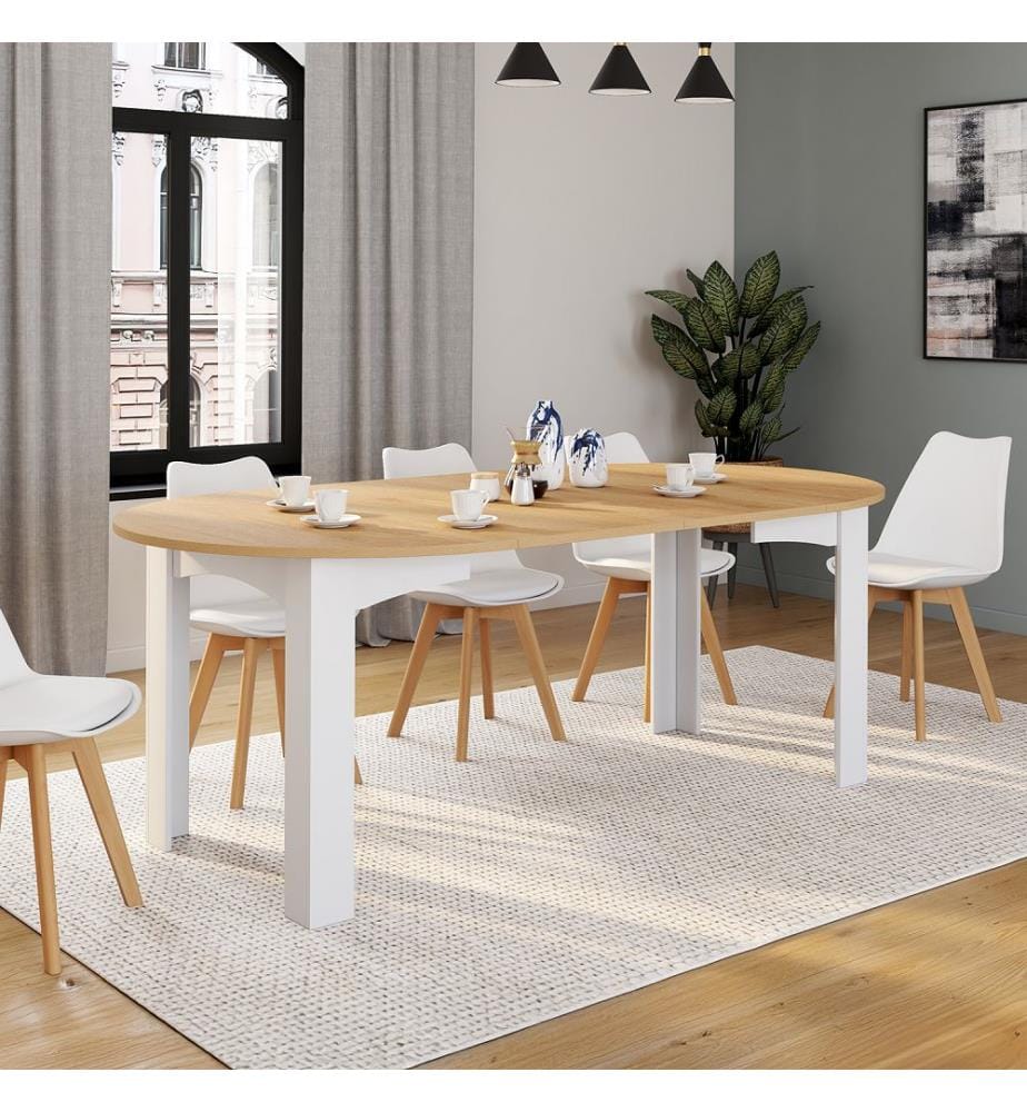 Table à manger ronde extensible Dina - Blanc et bois