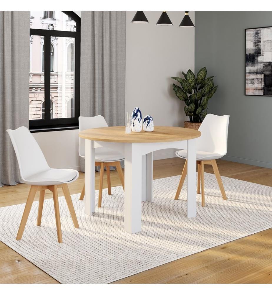 Table à manger ronde extensible Dina - Blanc et bois