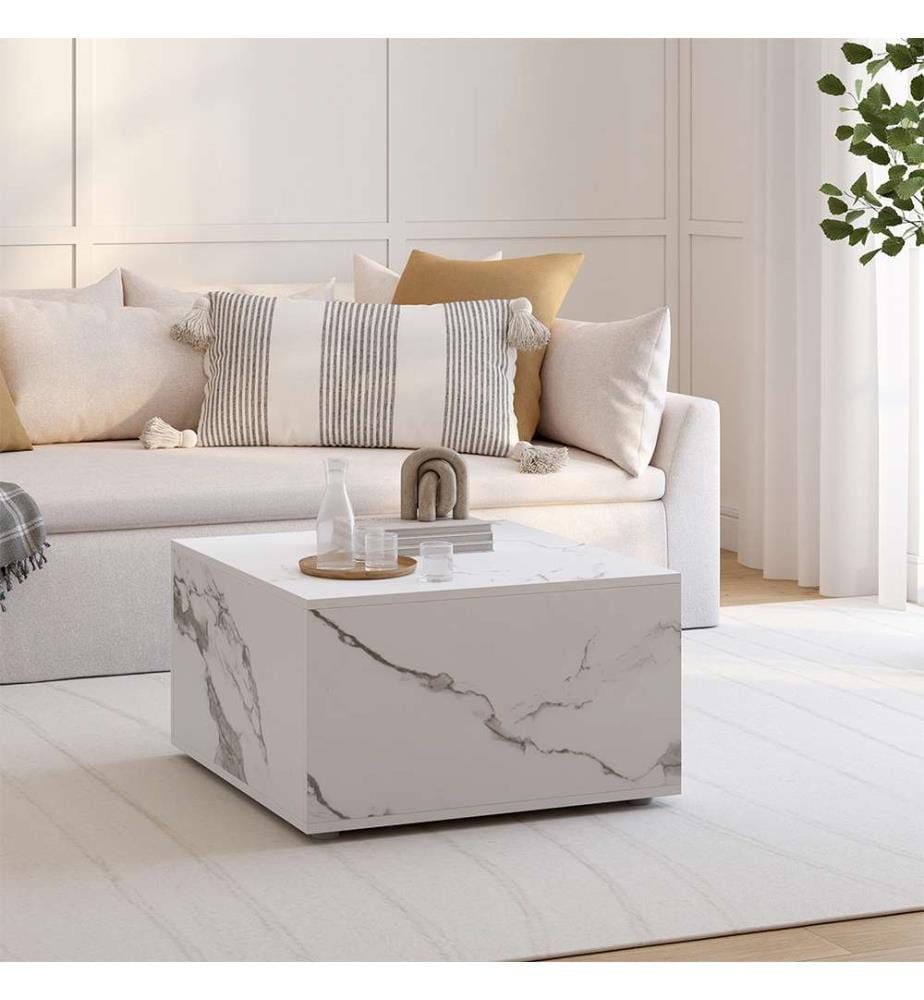 Table basse carrée effet béton avec rangement 60cm - Effet marbre blanc