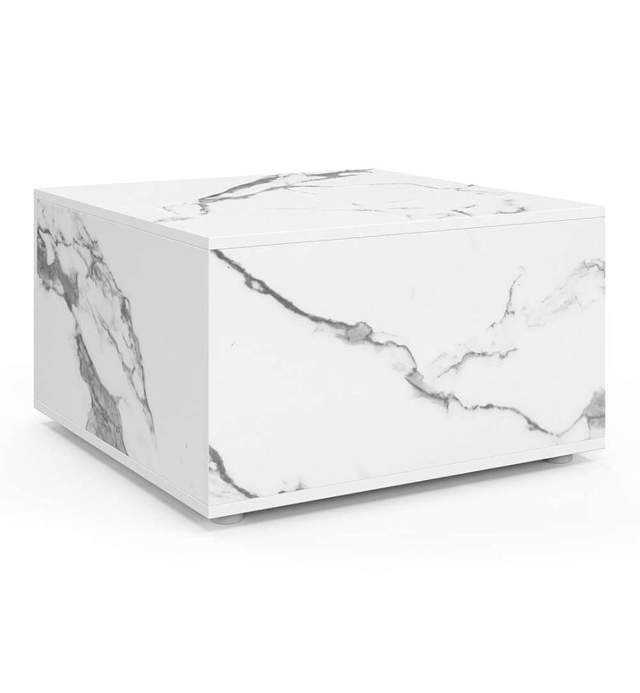 Table basse carrée effet béton avec rangement 60cm - Effet marbre blanc