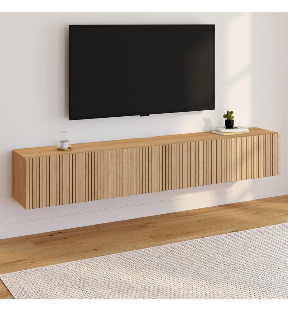 Porta TV a parete Faustine effetto doghe L180cm - Marrone