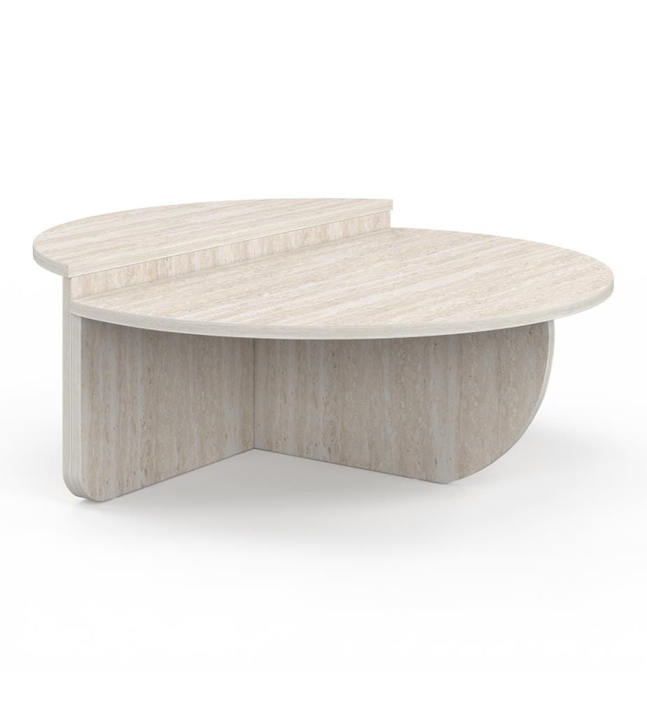 Travertine-effect asymmetrical round coffee tables