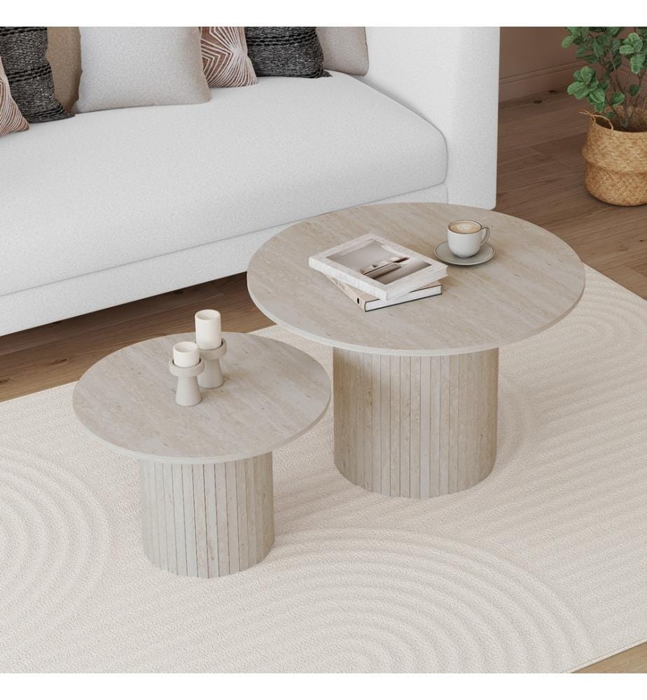Set of 2 Alvar travertine-effect round nesting coffee tables with slatted legs