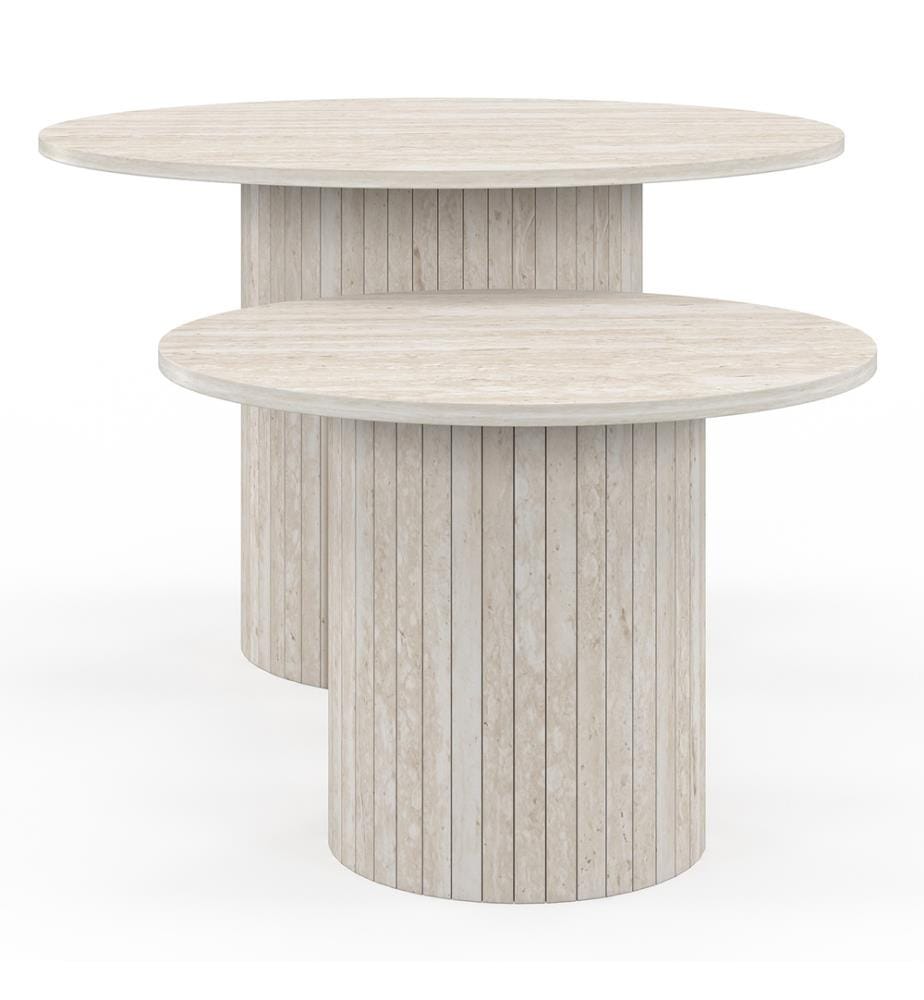 Set of 2 Alvar travertine-effect round nesting coffee tables with slatted legs