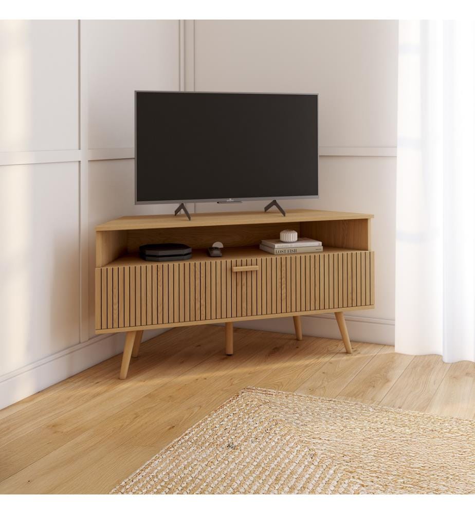 Meuble TV d'angle Faustine effet lattes L110cm - Brun