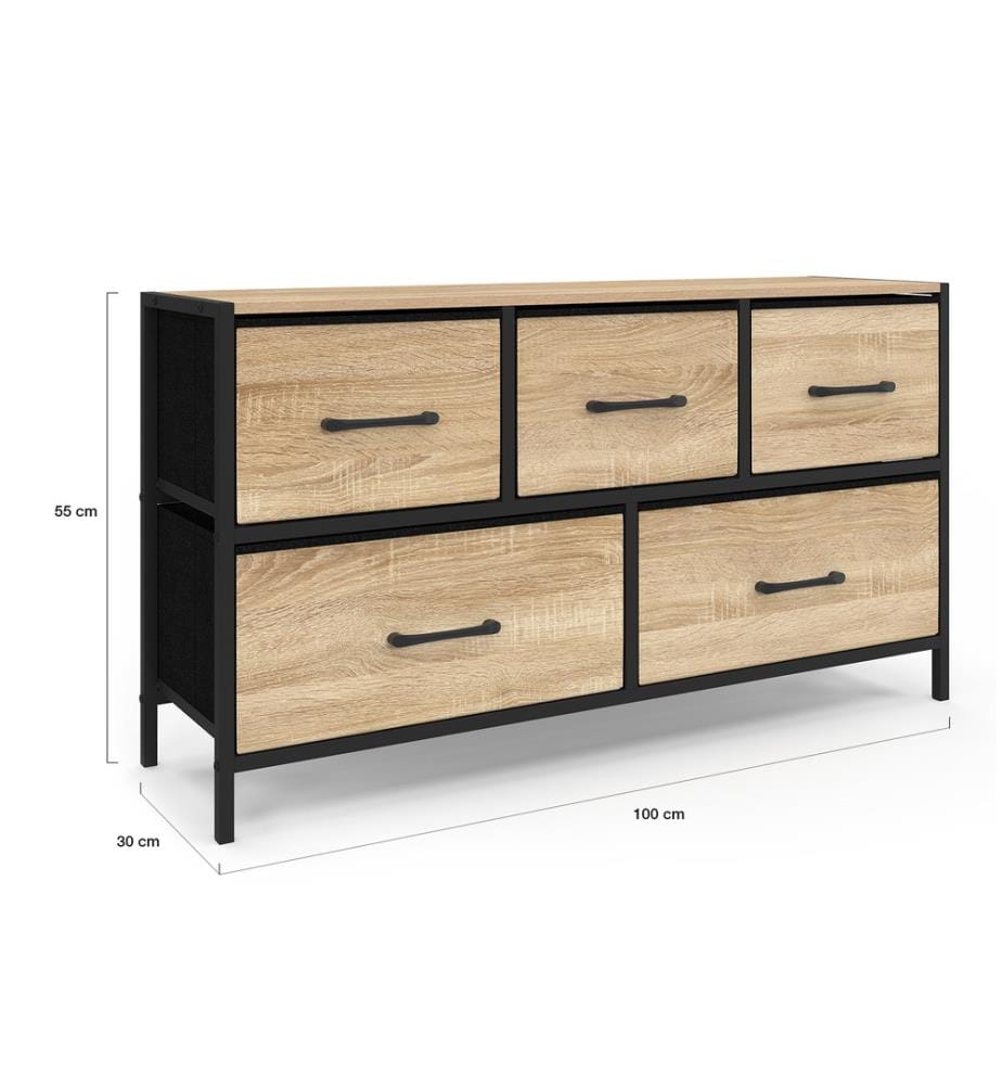 Commode Iris 5 tiroirs en bois et tissu