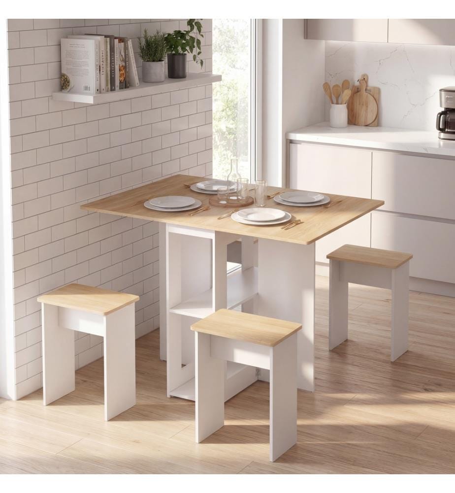 Ensemble repas Andy table pliante et 4 tabourets  - Bois et Blanc