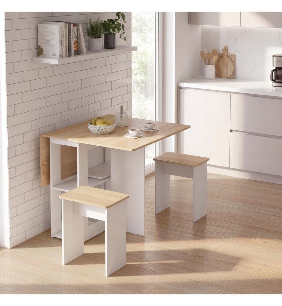 Ensemble repas Andy table pliante et 4 tabourets  - Bois et Blanc