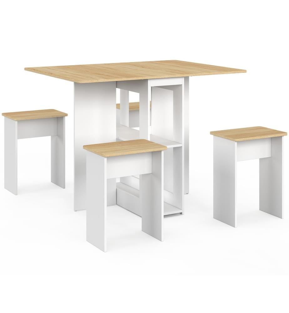 Ensemble repas Andy table pliante et 4 tabourets  - Bois et Blanc