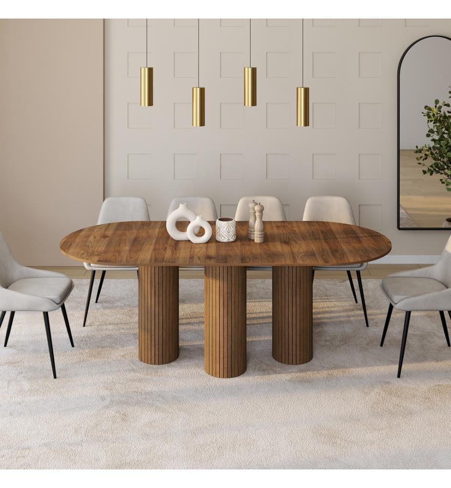 Table à manger extensible Albane 160-200cm 3 pieds pylône - Brun foncé