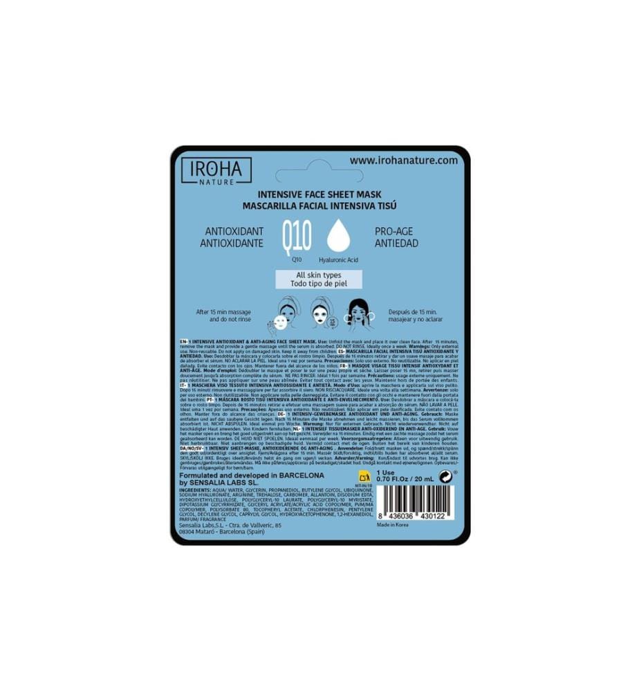 iroha Masque en tissu anti-rides Q10 + hyaluron 23 ml
