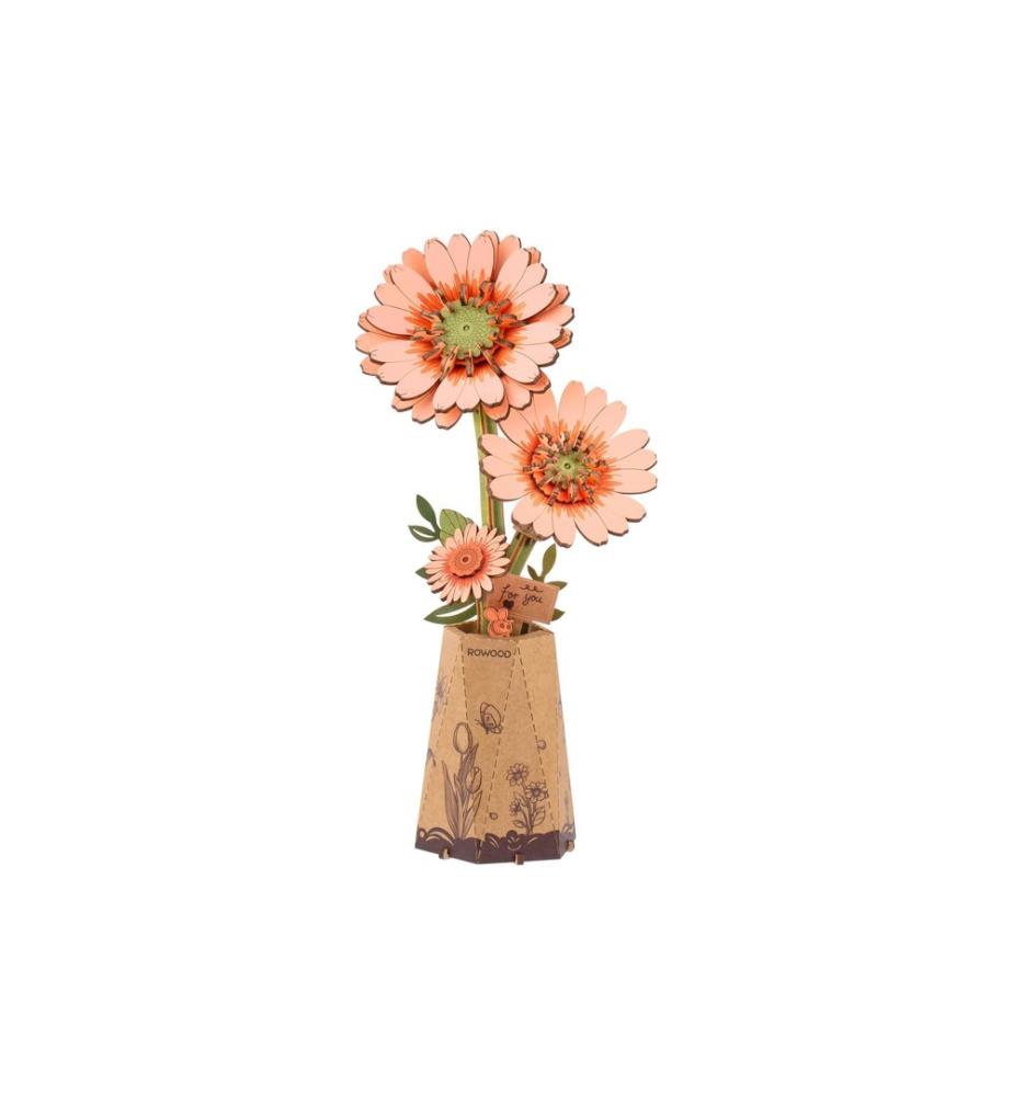 Rolife Kit di assemblaggio Gerbera arancione chiaro Kit in legno 3D Gerbera con vaso