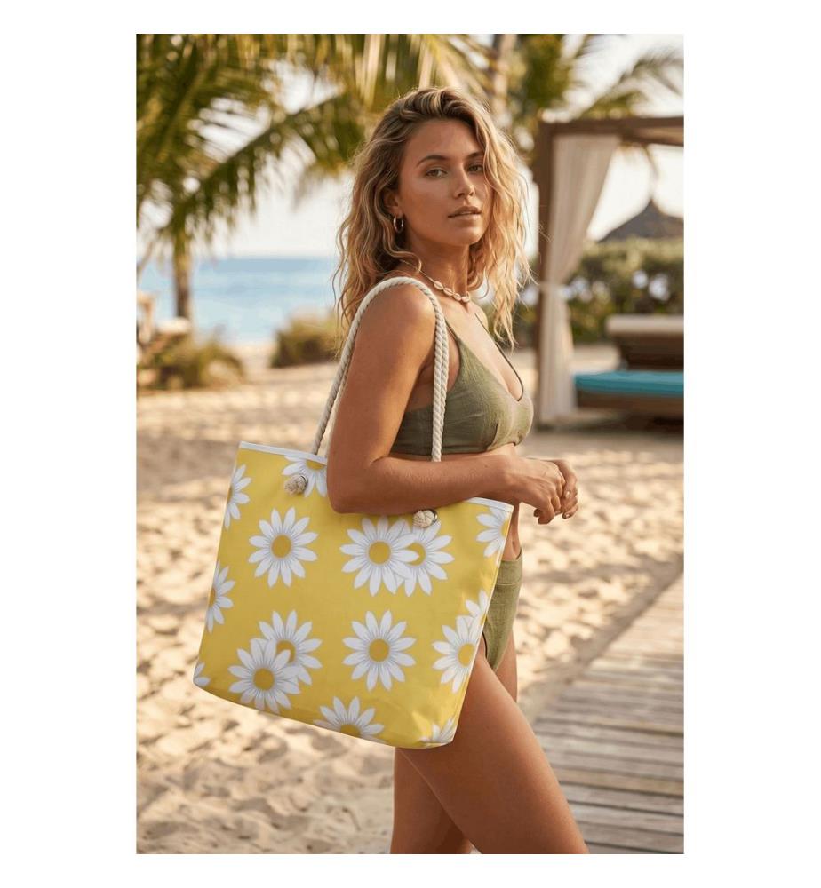 Strandtasche, 100 % Polyester, Gelb, Weiss