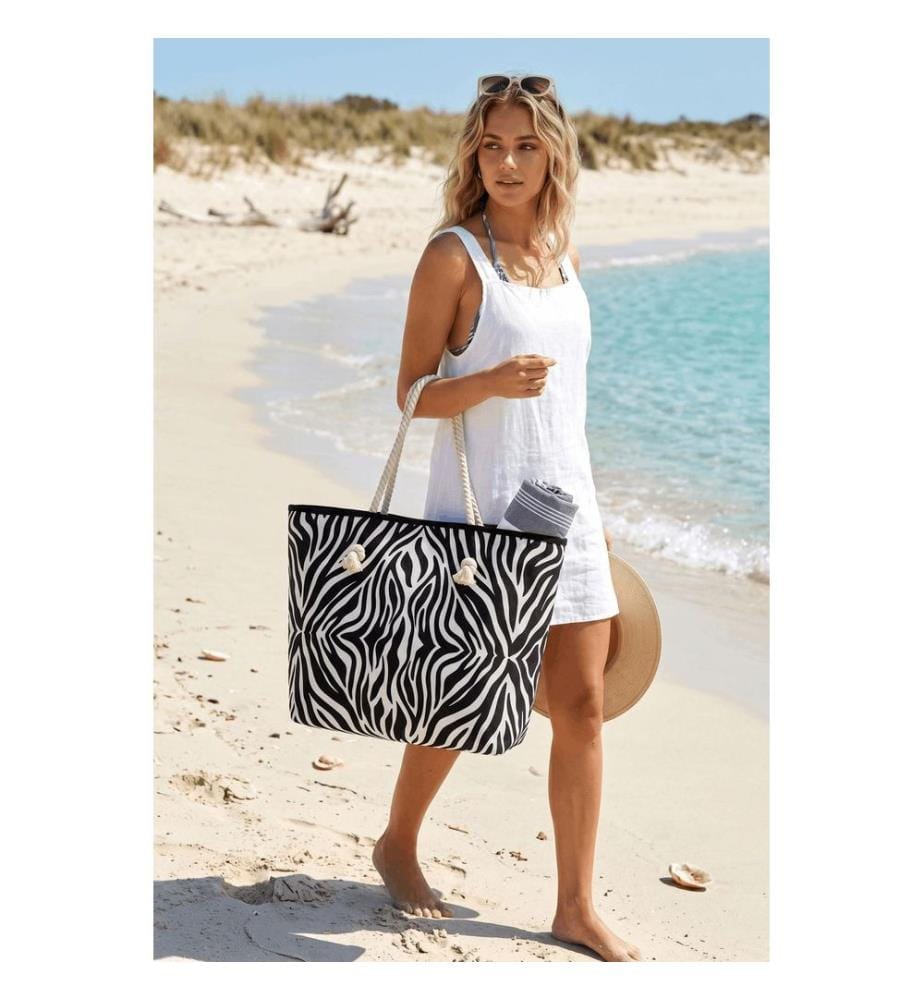 Strandtasche, 100 % Polyester, Schwarz, Weiss