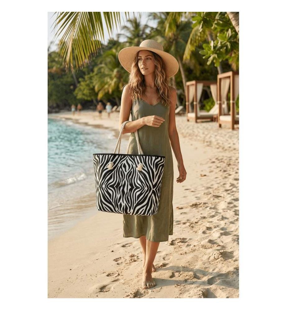 Strandtasche, 100 % Polyester, Schwarz, Weiss