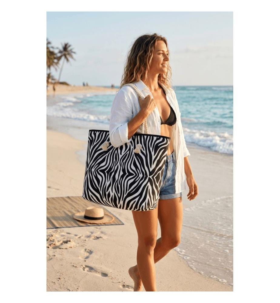 Strandtasche, 100 % Polyester, Schwarz, Weiss