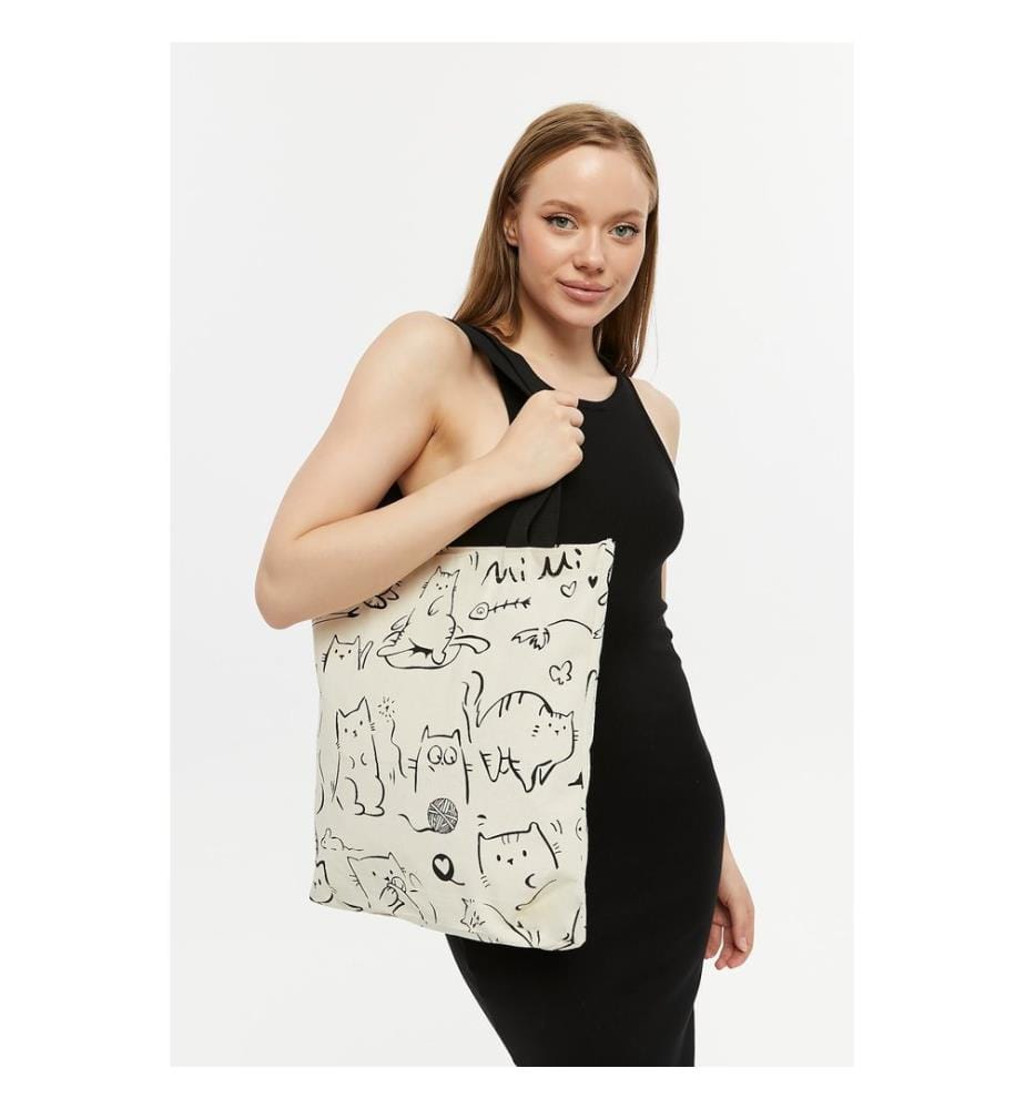 Sac cabas, 100 % coton, crème, noir