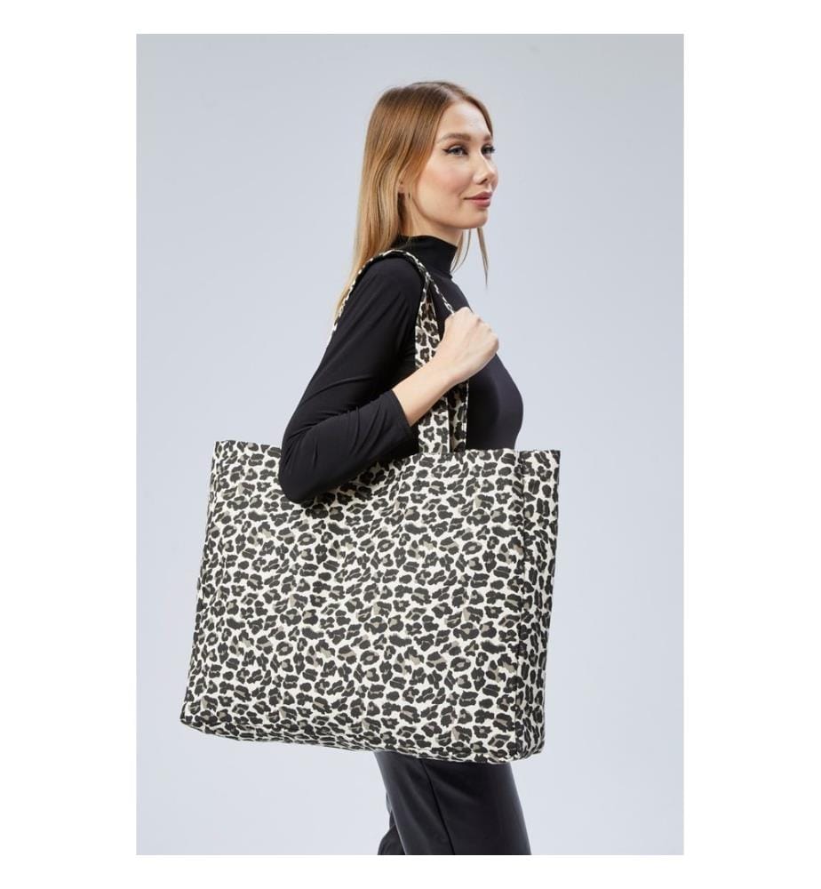 Sac cabas, 100 % toile, crème, léopard