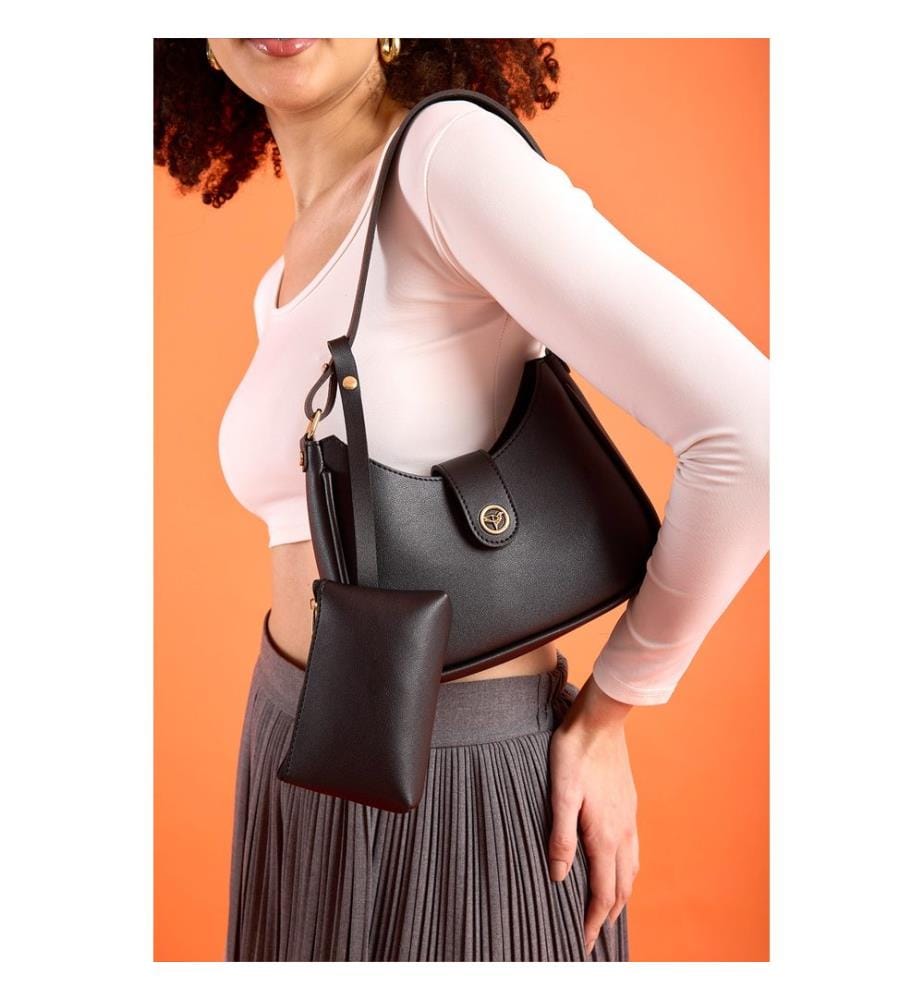 Sac bandoulière, 100 % cuir PU, noir