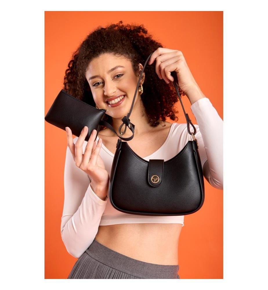 Sac bandoulière, 100 % cuir PU, noir