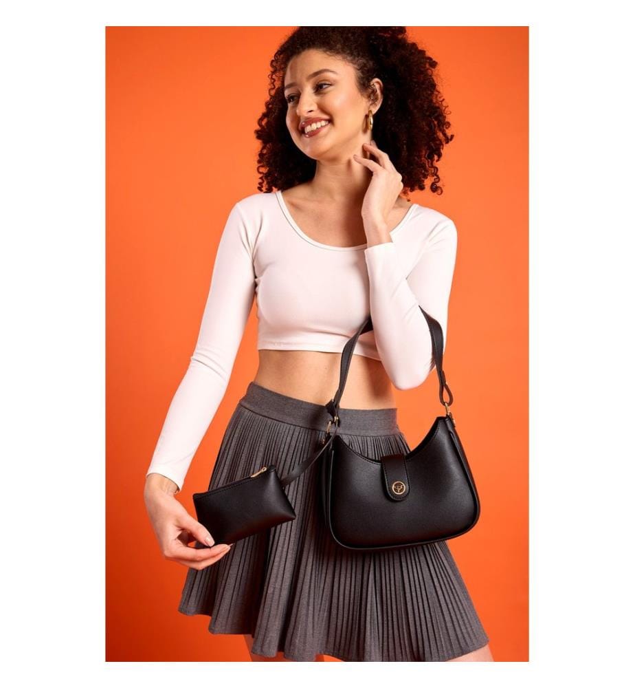 Sac bandoulière, 100 % cuir PU, noir